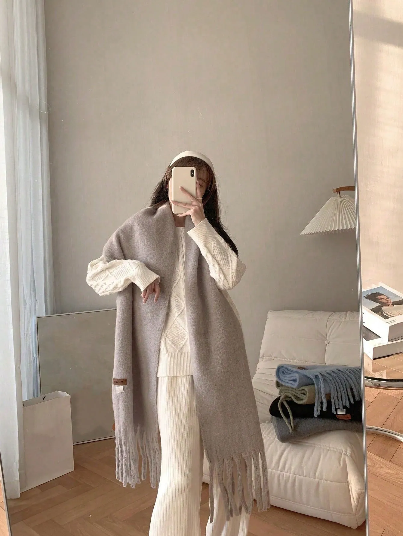Macaron Solid Color Plush Warm Scarf For Daily Outfit, Couple Shawl