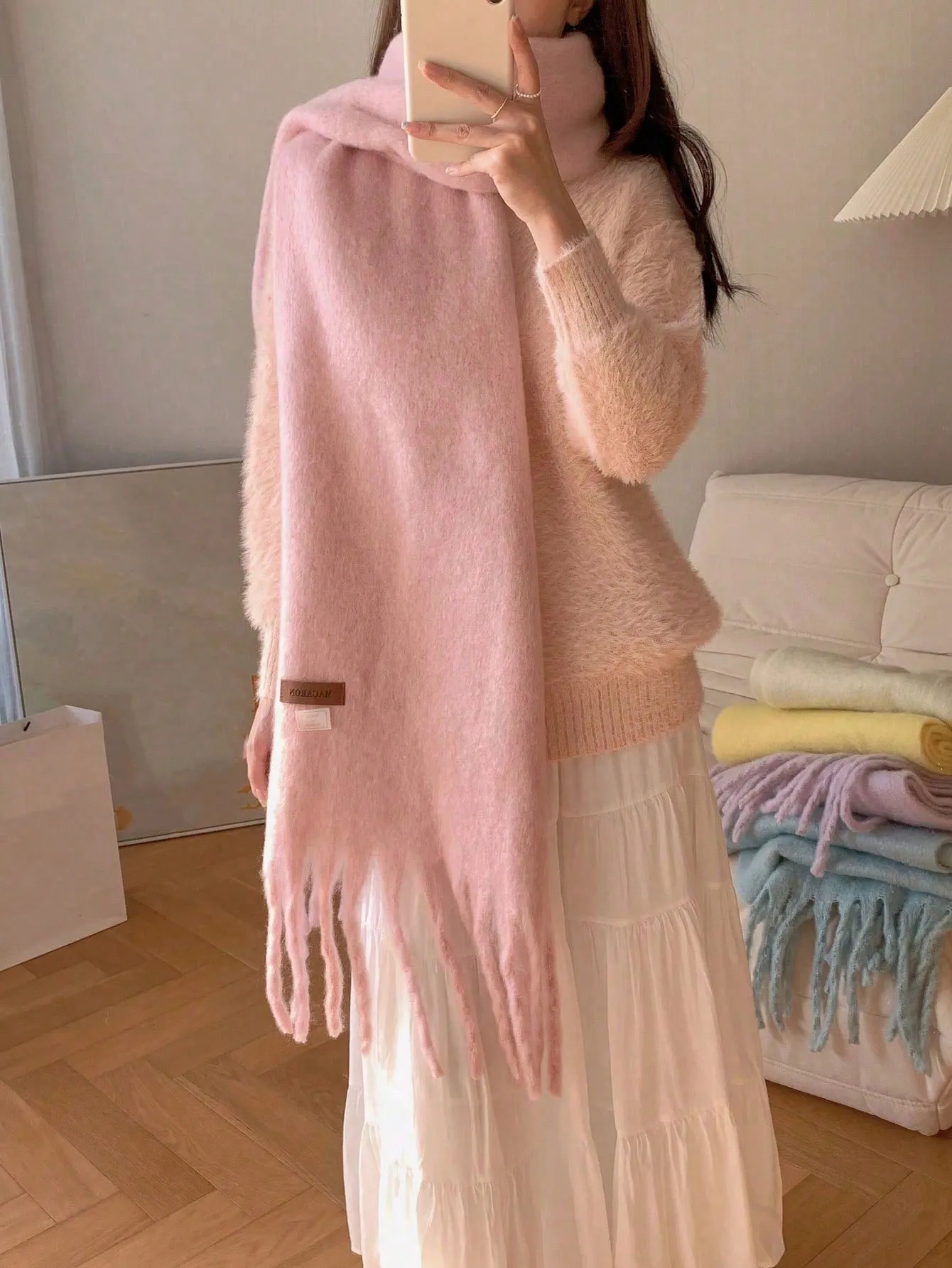 Macaron Solid Color Plush Warm Scarf For Daily Outfit, Couple Shawl