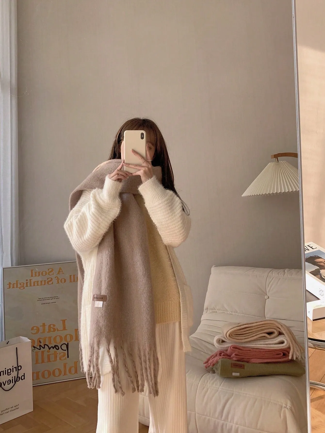 Macaron Solid Color Plush Warm Scarf For Daily Outfit, Couple Shawl