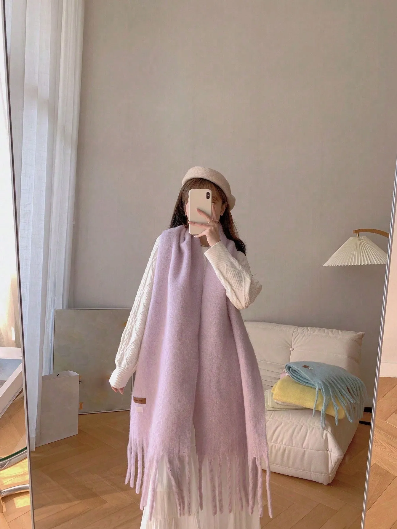 Macaron Solid Color Plush Warm Scarf For Daily Outfit, Couple Shawl