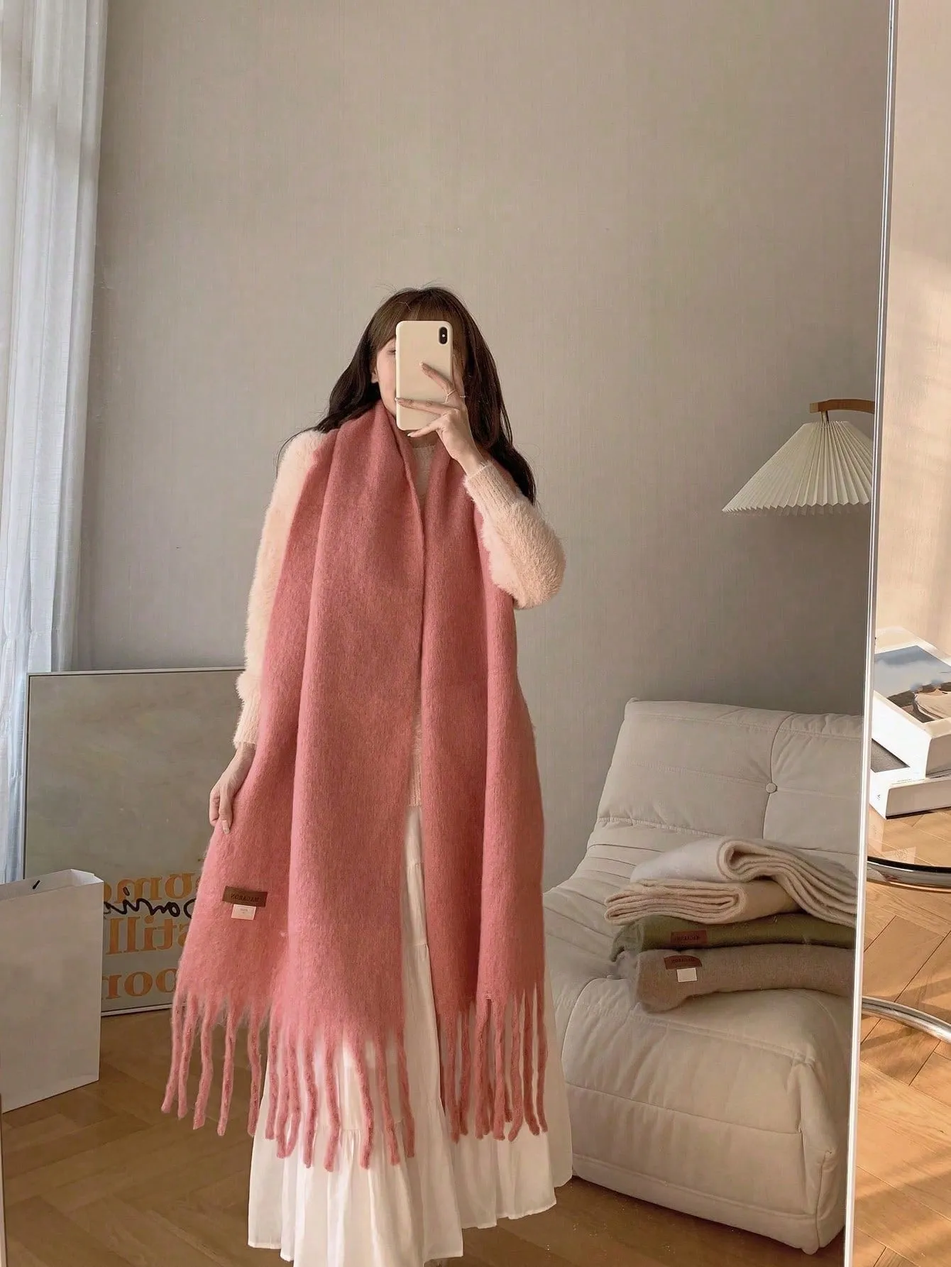 Macaron Solid Color Plush Warm Scarf For Daily Outfit, Couple Shawl