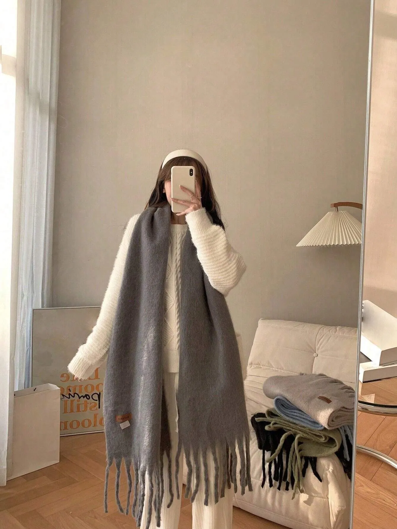 Macaron Solid Color Plush Warm Scarf For Daily Outfit, Couple Shawl