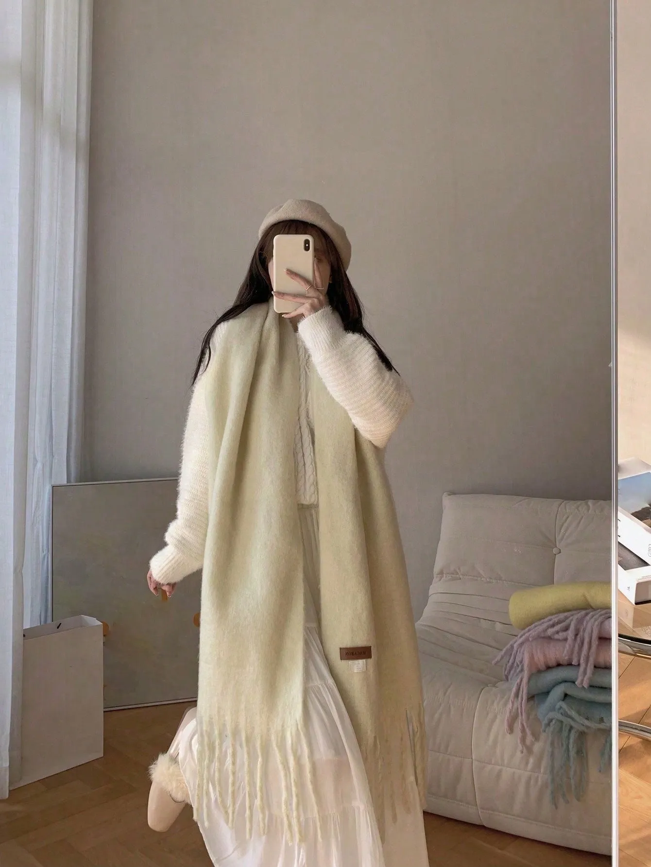 Macaron Solid Color Plush Warm Scarf For Daily Outfit, Couple Shawl