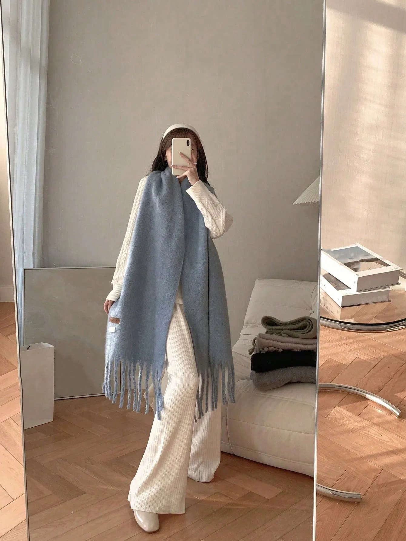 Macaron Solid Color Plush Warm Scarf For Daily Outfit, Couple Shawl