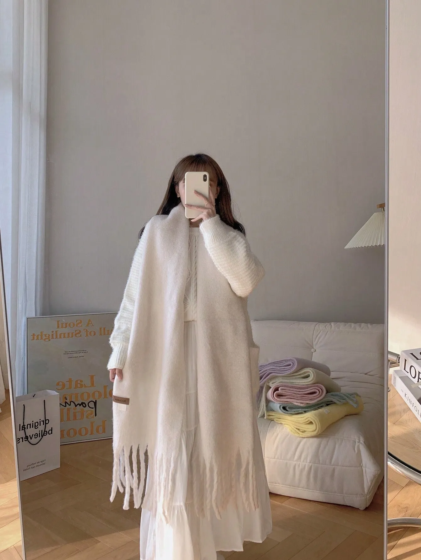 Macaron Solid Color Plush Warm Scarf For Daily Outfit, Couple Shawl