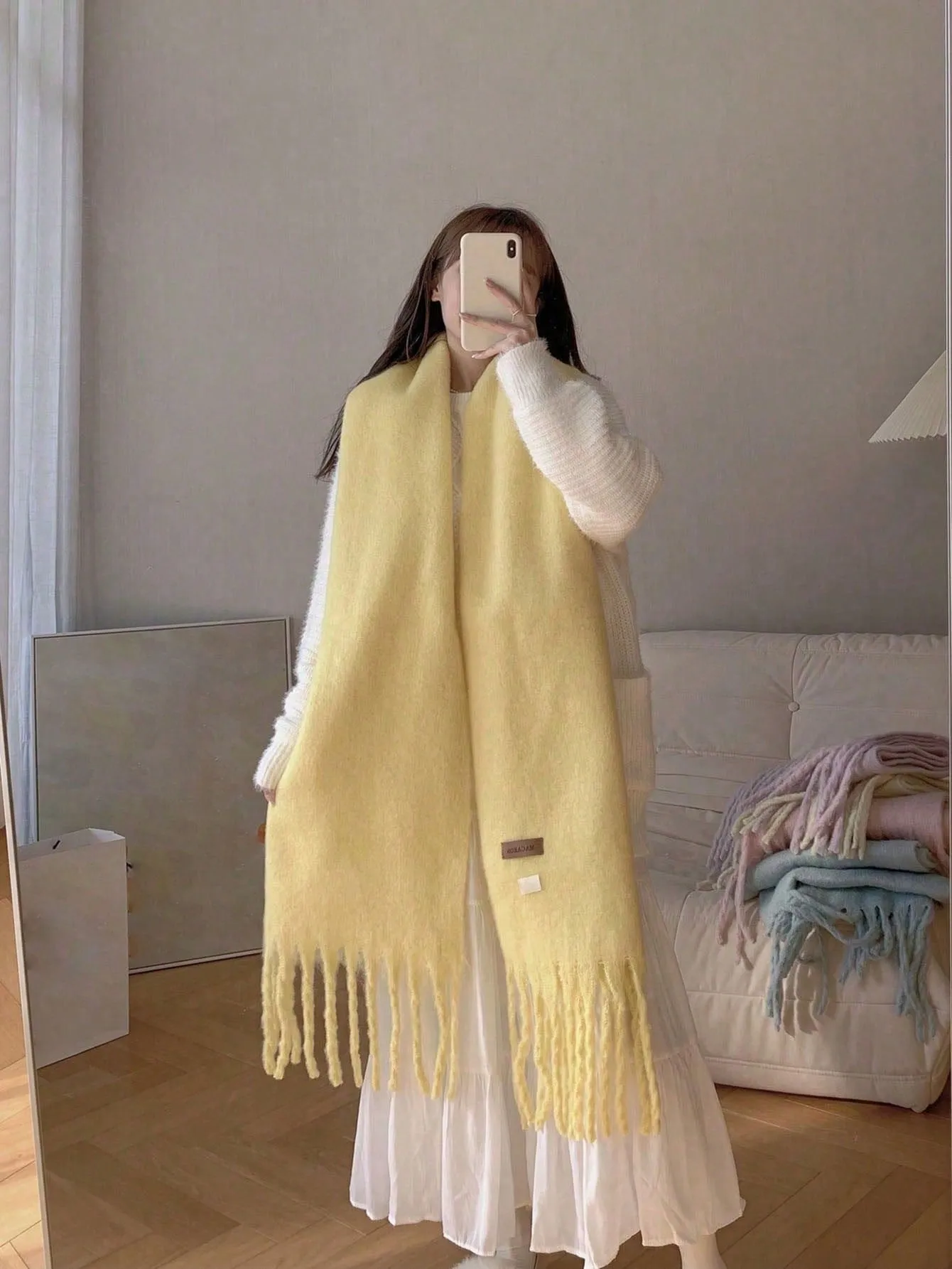 Macaron Solid Color Plush Warm Scarf For Daily Outfit, Couple Shawl