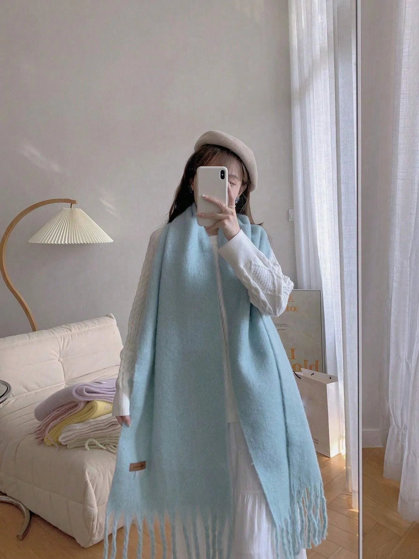 Macaron Solid Color Plush Warm Scarf For Daily Outfit, Couple Shawl