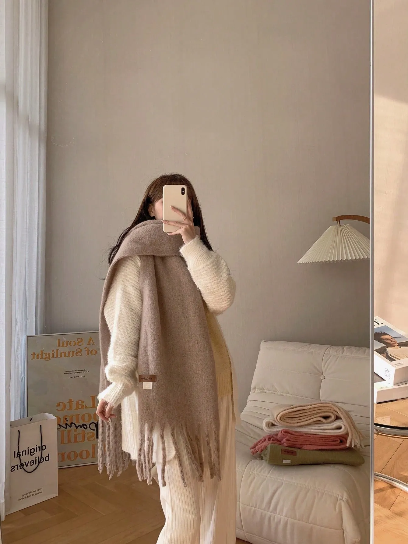 Macaron Solid Color Plush Warm Scarf For Daily Outfit, Couple Shawl