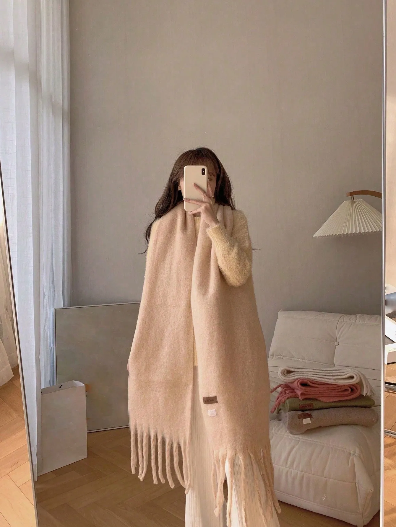 Macaron Solid Color Plush Warm Scarf For Daily Outfit, Couple Shawl