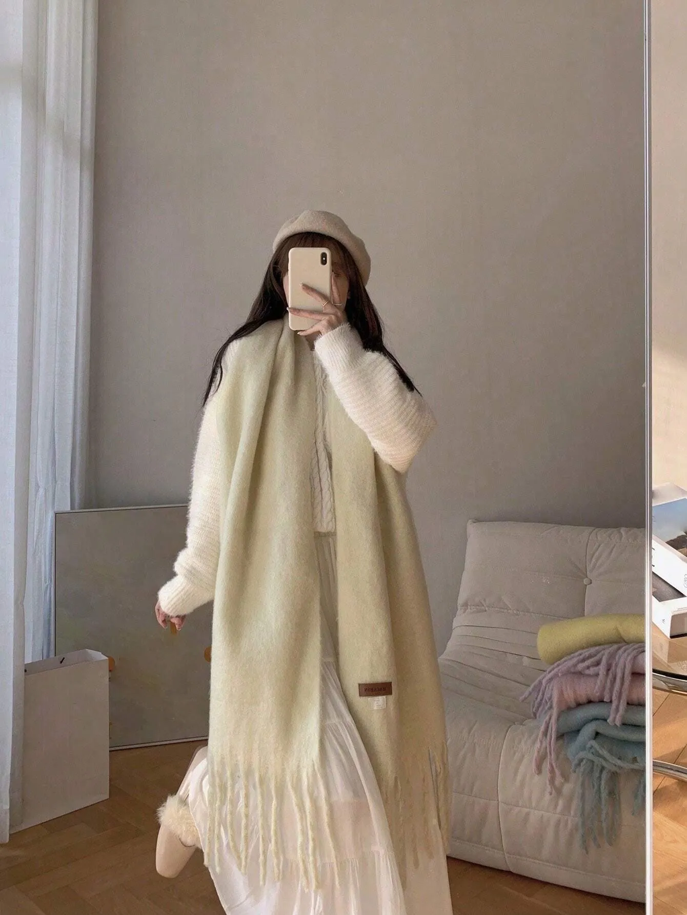 Macaron Solid Color Plush Warm Scarf For Daily Outfit, Couple Shawl
