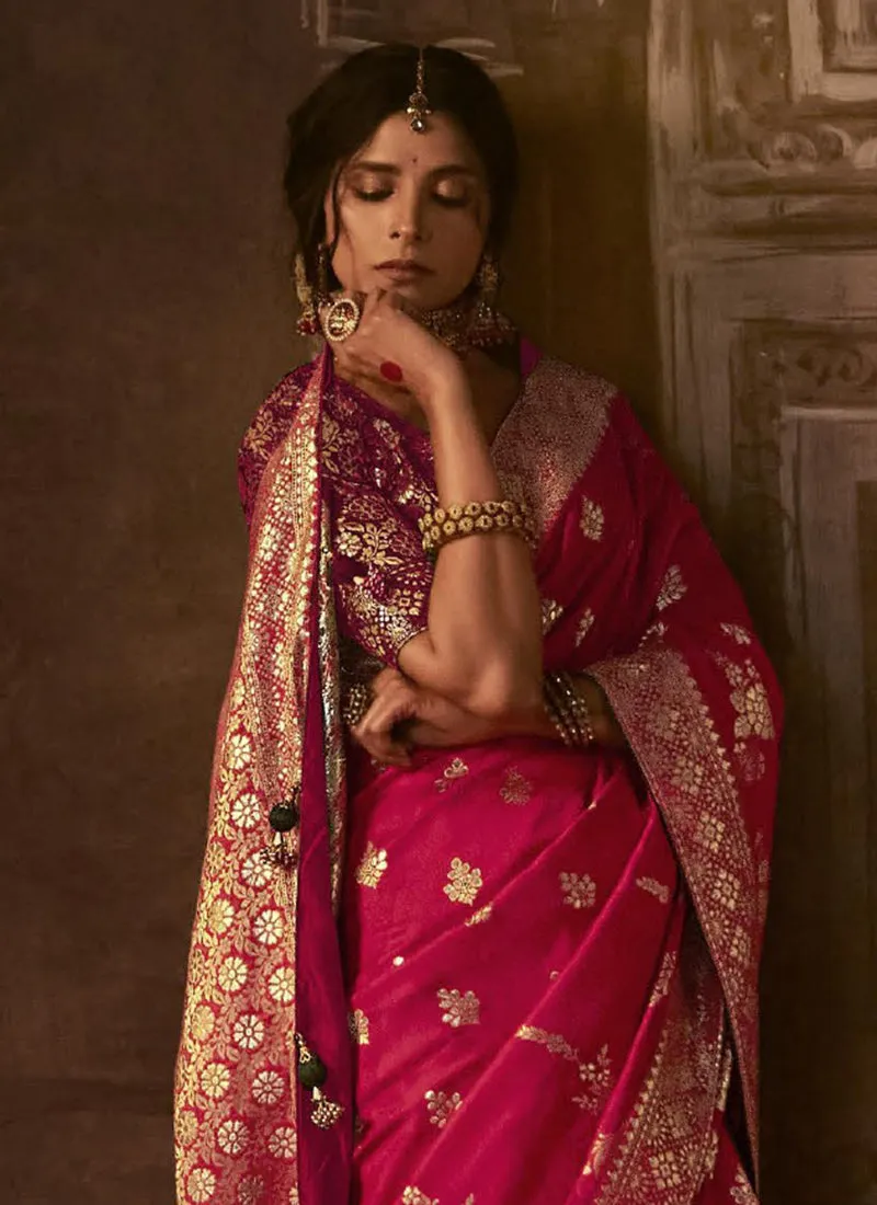 Magenta Pink Weaved Pure Dola Silk Saree