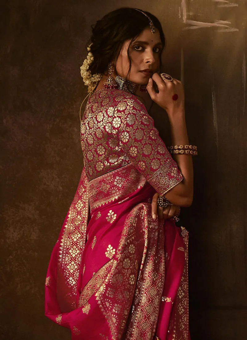 Magenta Pink Weaved Pure Dola Silk Saree
