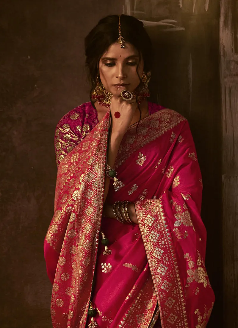 Magenta Pink Weaved Pure Dola Silk Saree