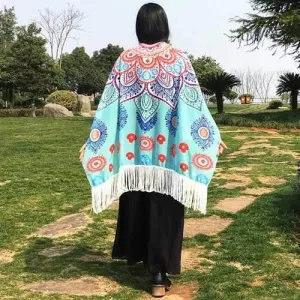 Mandala Lotus Flower Fringed Chiffon Pashmina Wrap Shawl Scarf - Light Blue