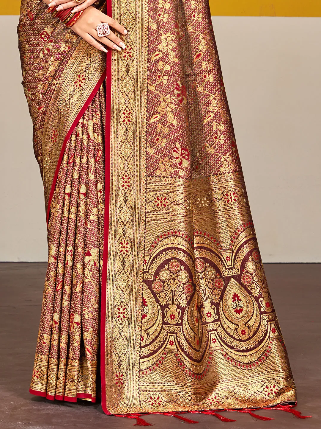 Maroon Satin Silk Saree With Designer Woven Work