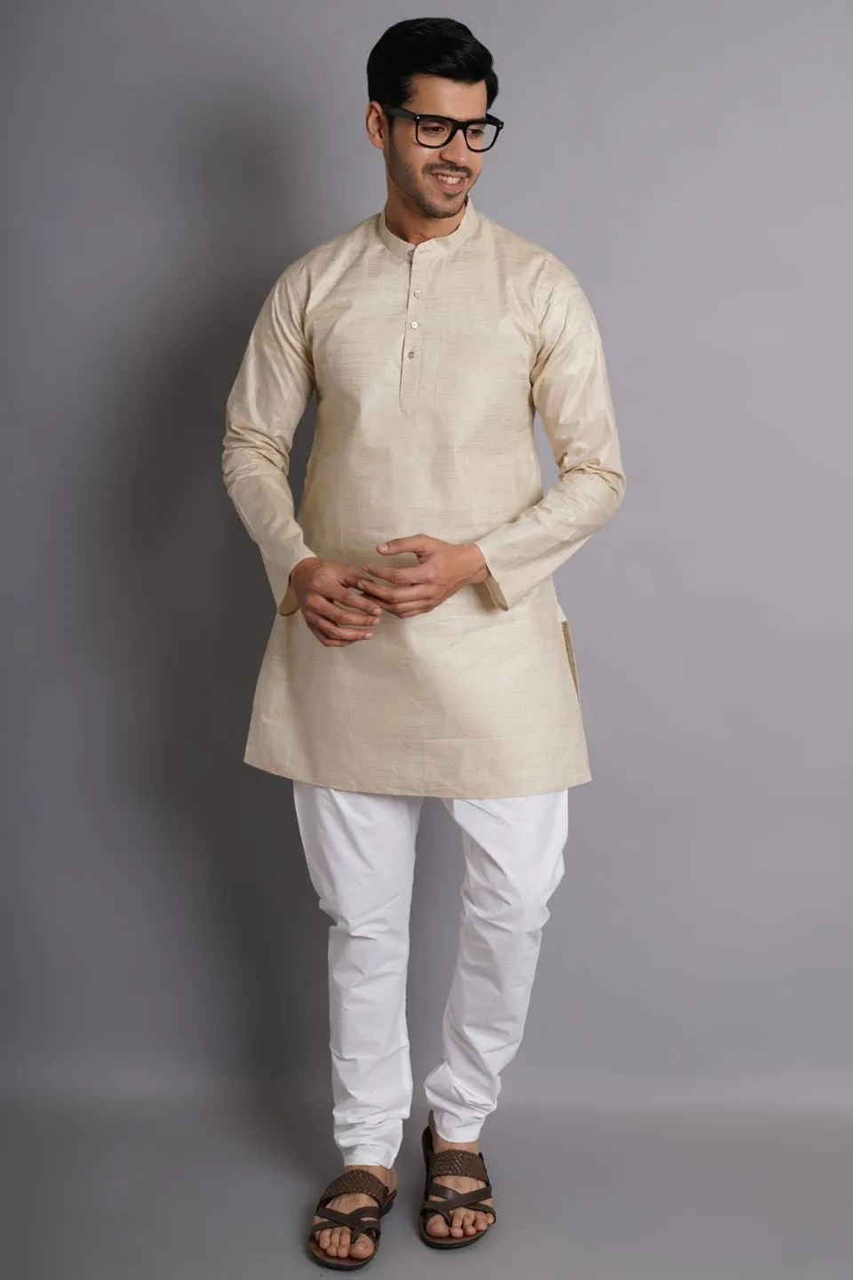 Matka Silk Beige Solid Kurta Pajama