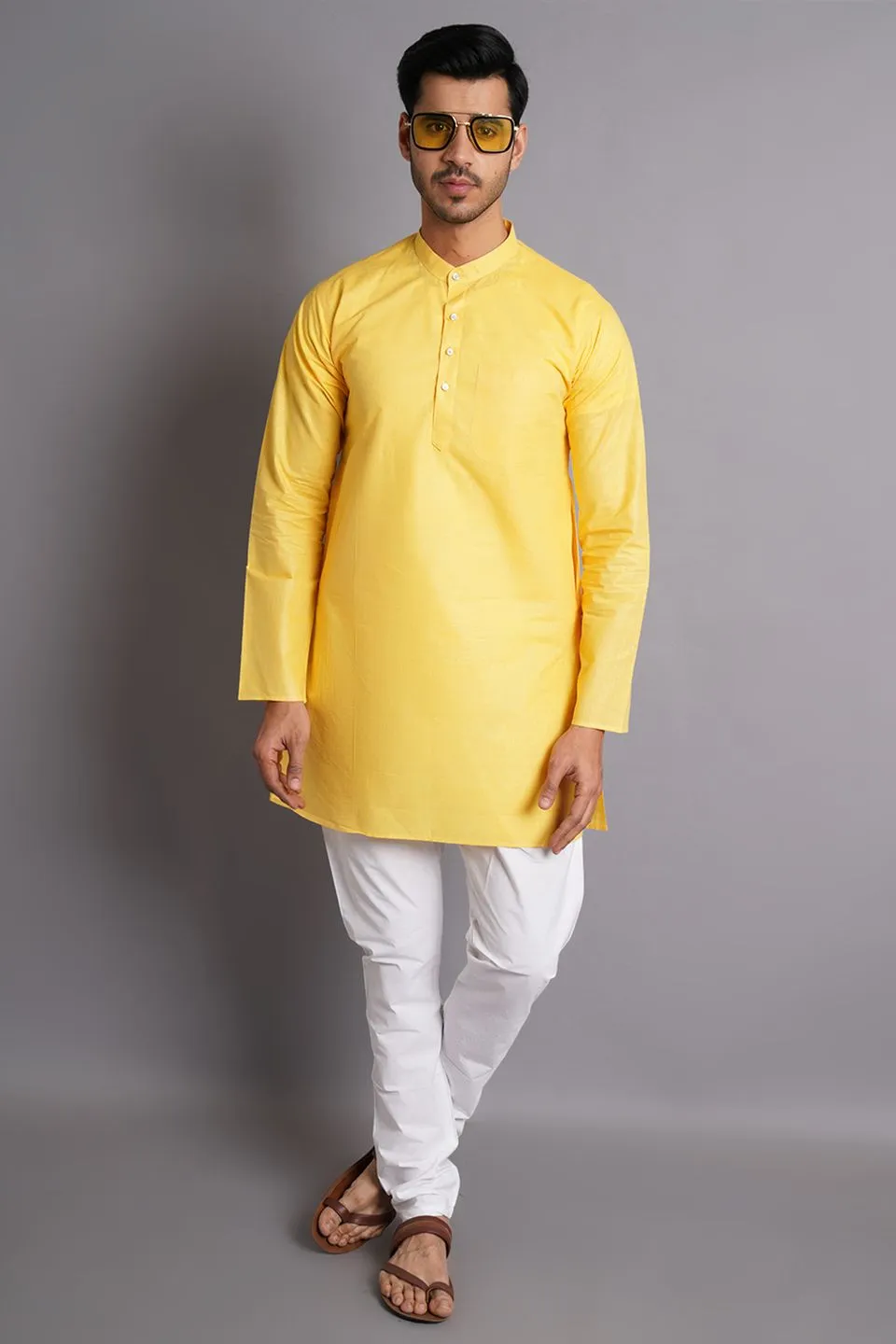 Matka Silk Yellow Solid Kurta Pajama