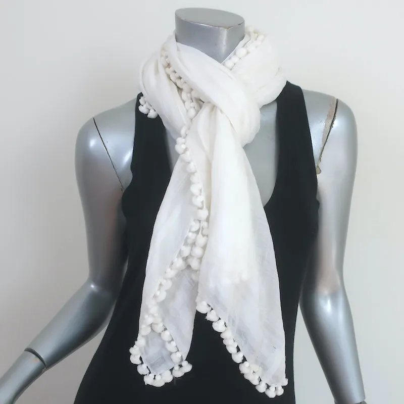 Matta Pom Pom Scarf White Cotton-Silk