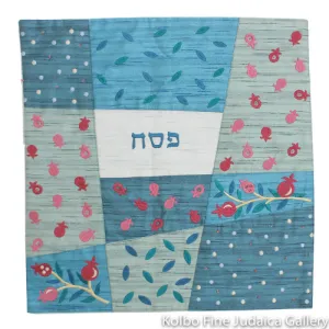 Matzah Cover, Blue Geometric Pomegranate Design, Silk Applique