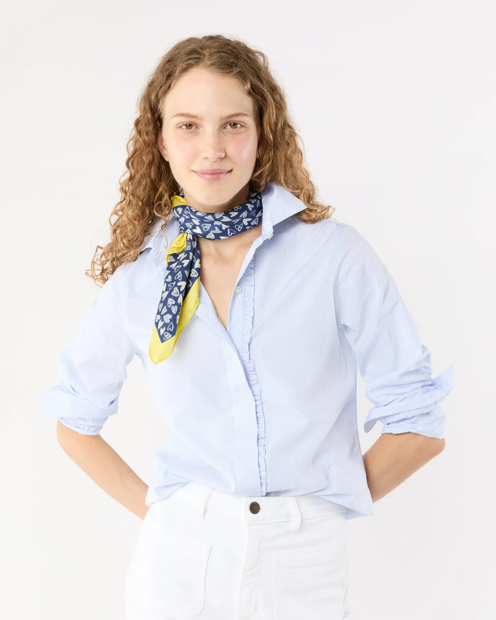Medium Hand-Rolled Silk Scarf in Blue/Yellow Hearts