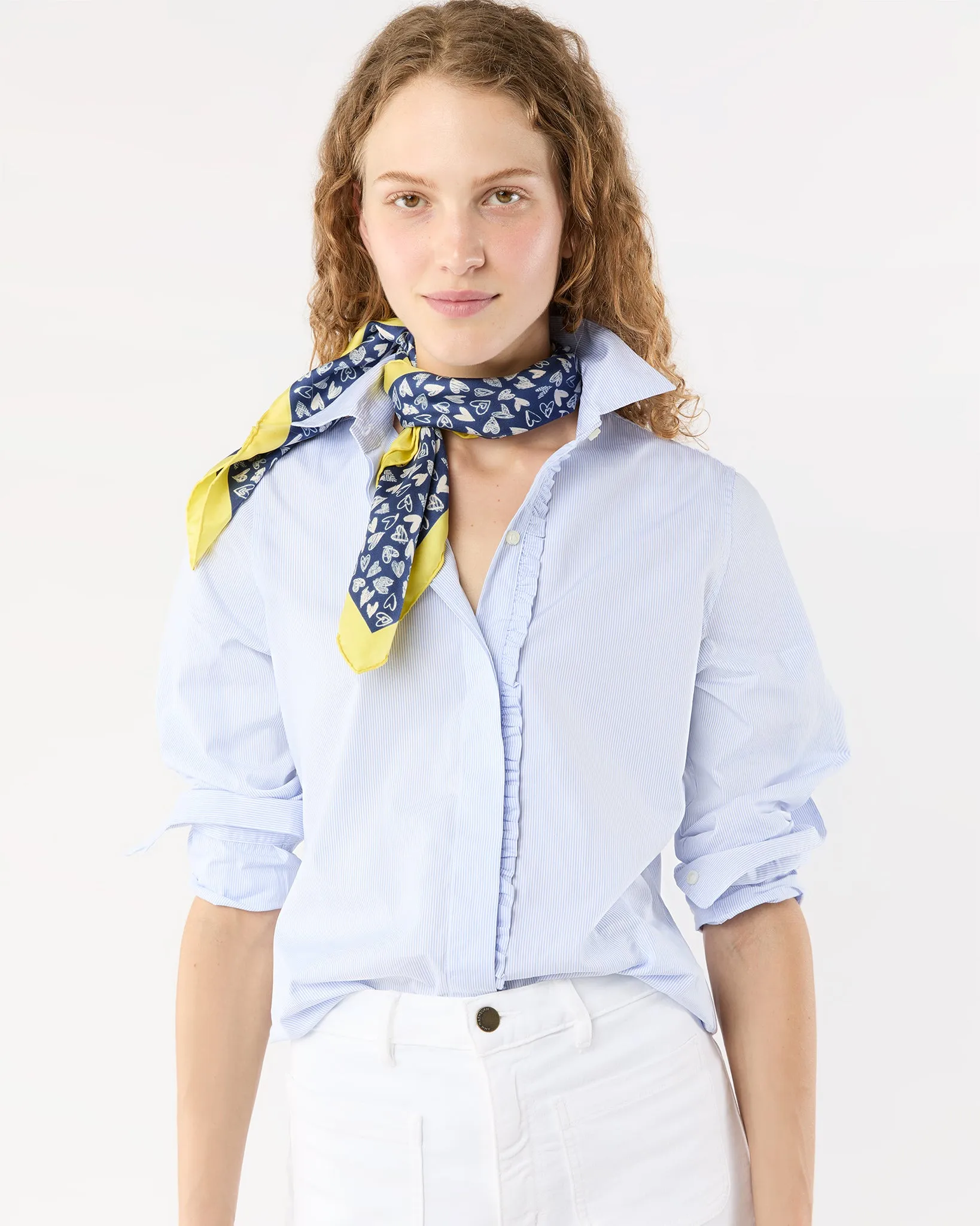 Medium Hand-Rolled Silk Scarf in Blue/Yellow Hearts