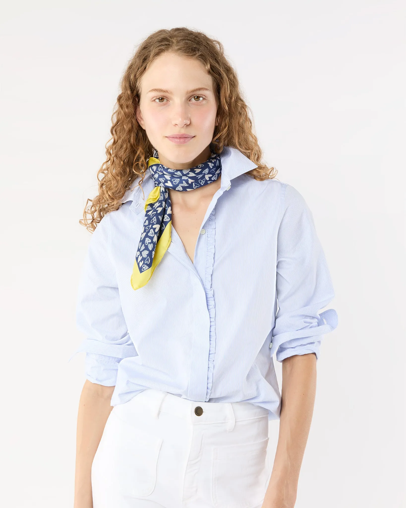 Medium Hand-Rolled Silk Scarf in Blue/Yellow Hearts