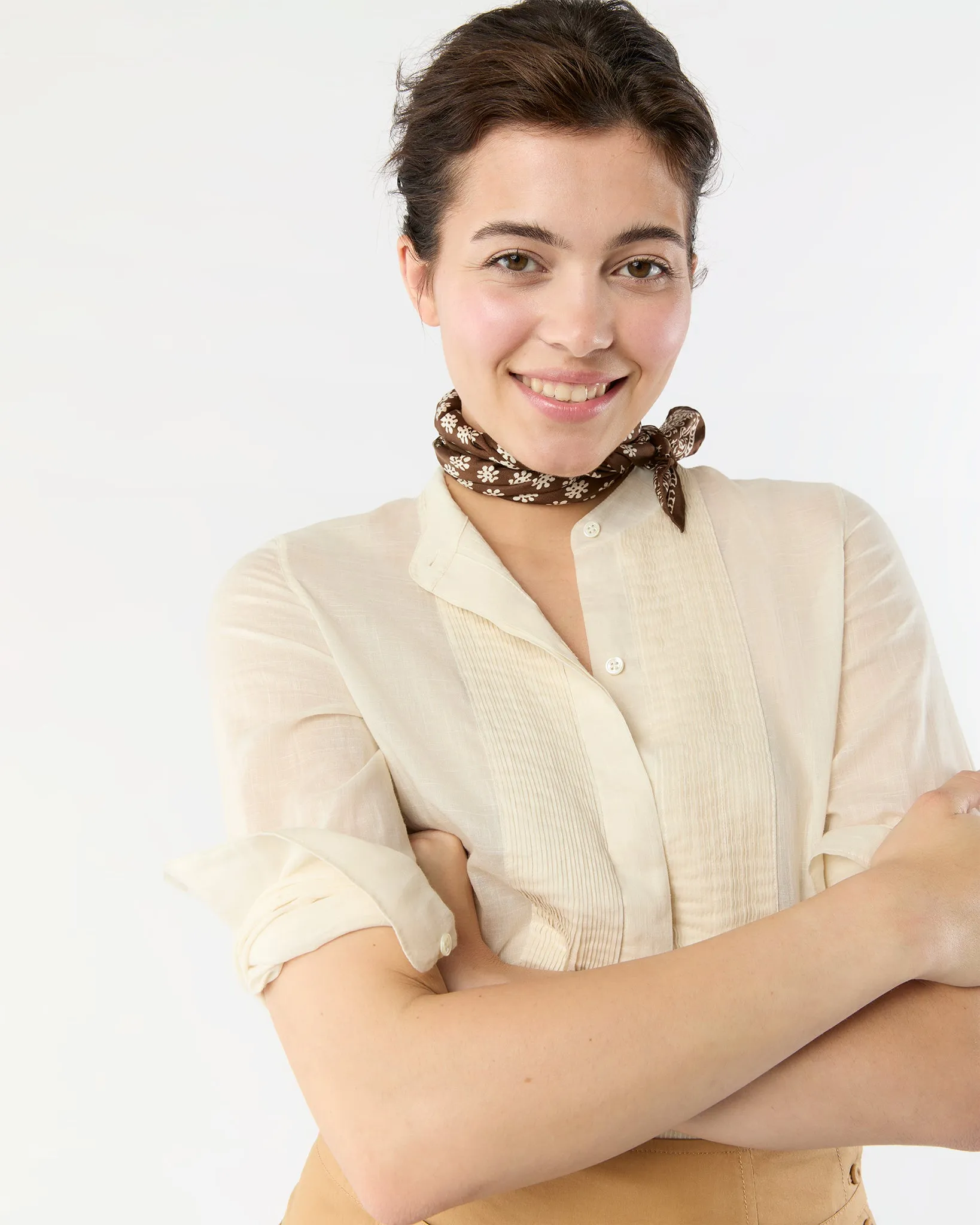 Medium Hand-Rolled Silk Scarf in Brown/Ivory Floral Bandana