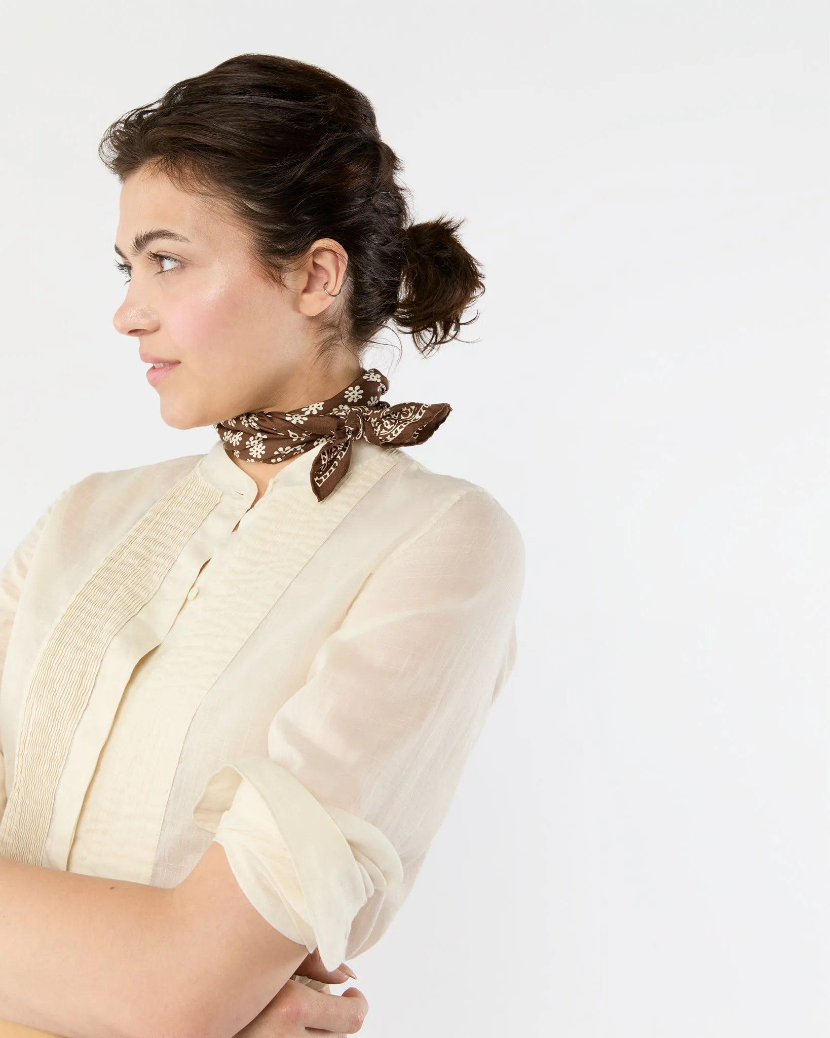 Medium Hand-Rolled Silk Scarf in Brown/Ivory Floral Bandana