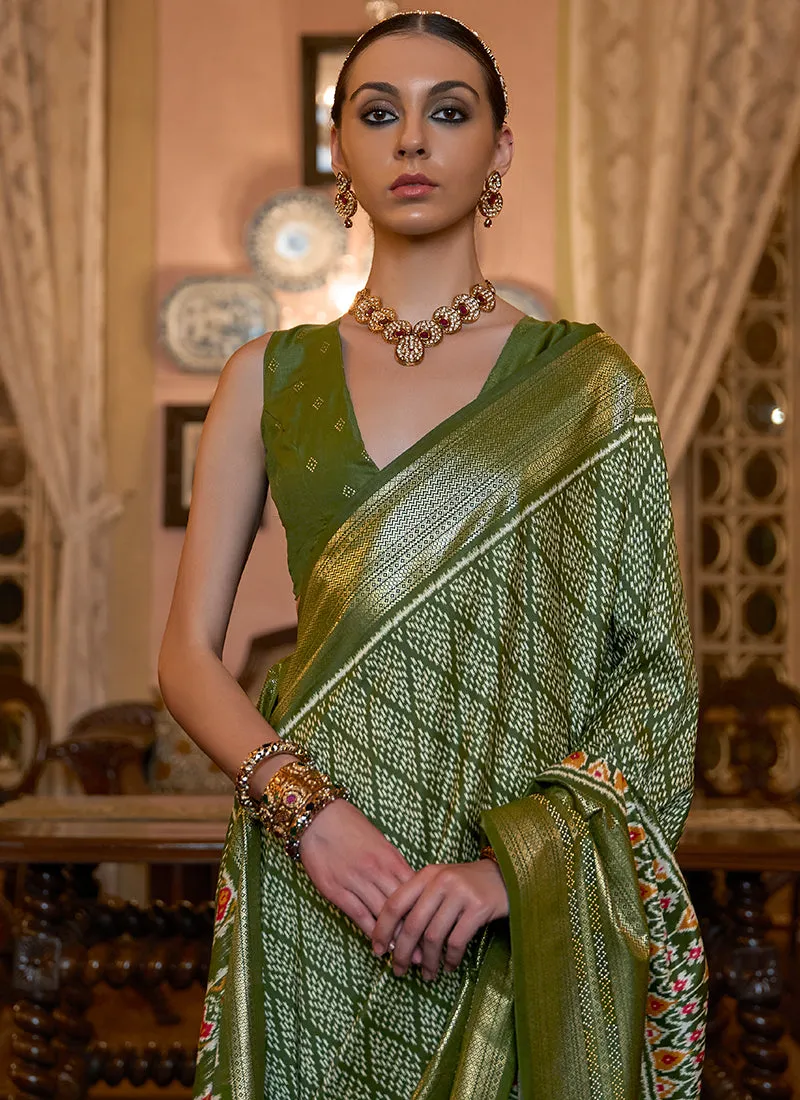 Mehendi Green Ikat Printed Patola Silk Saree