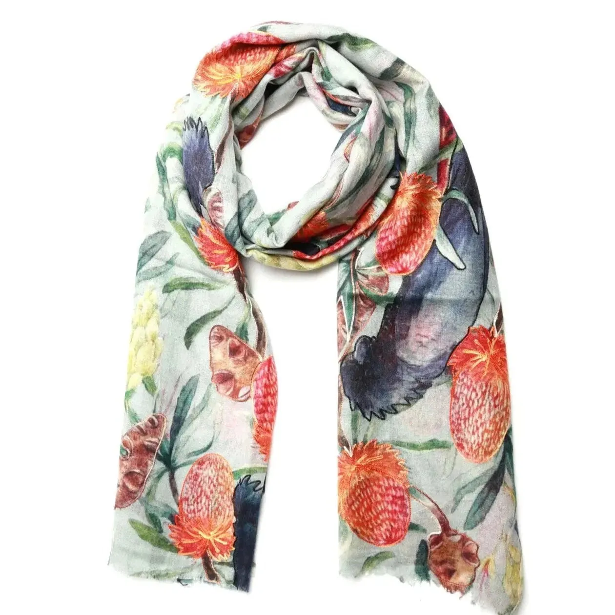 Merino/Silk Scarf -Banksia in Blue