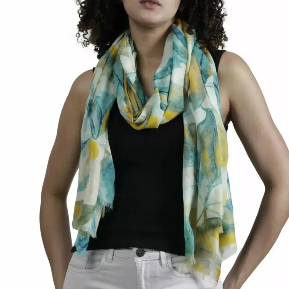 Merino/Silk Scarf - Blue/ Yellow Leaves