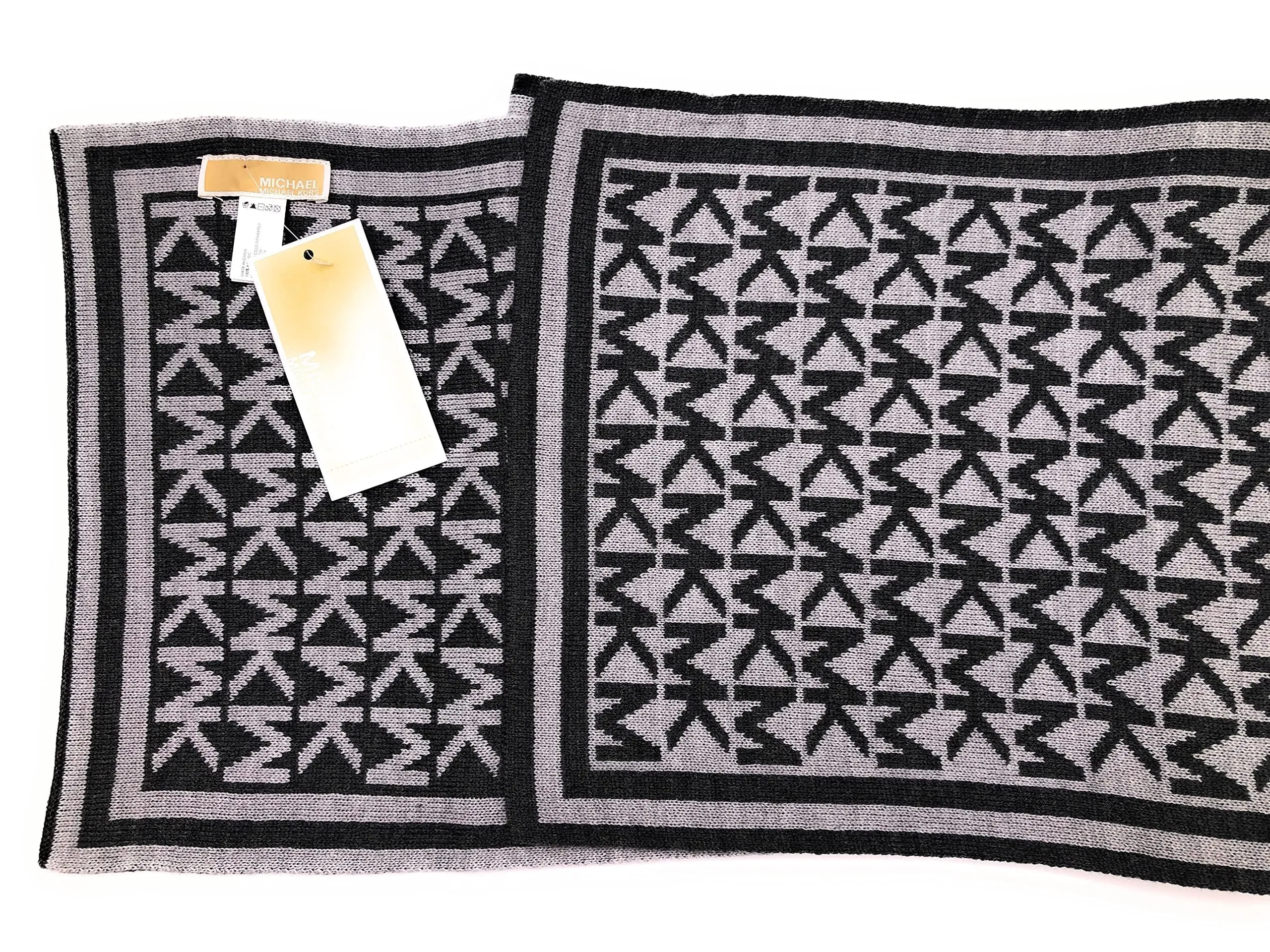Michael Kors Bordered MK Logo Print Muffler Scarf (Pearl Heather)