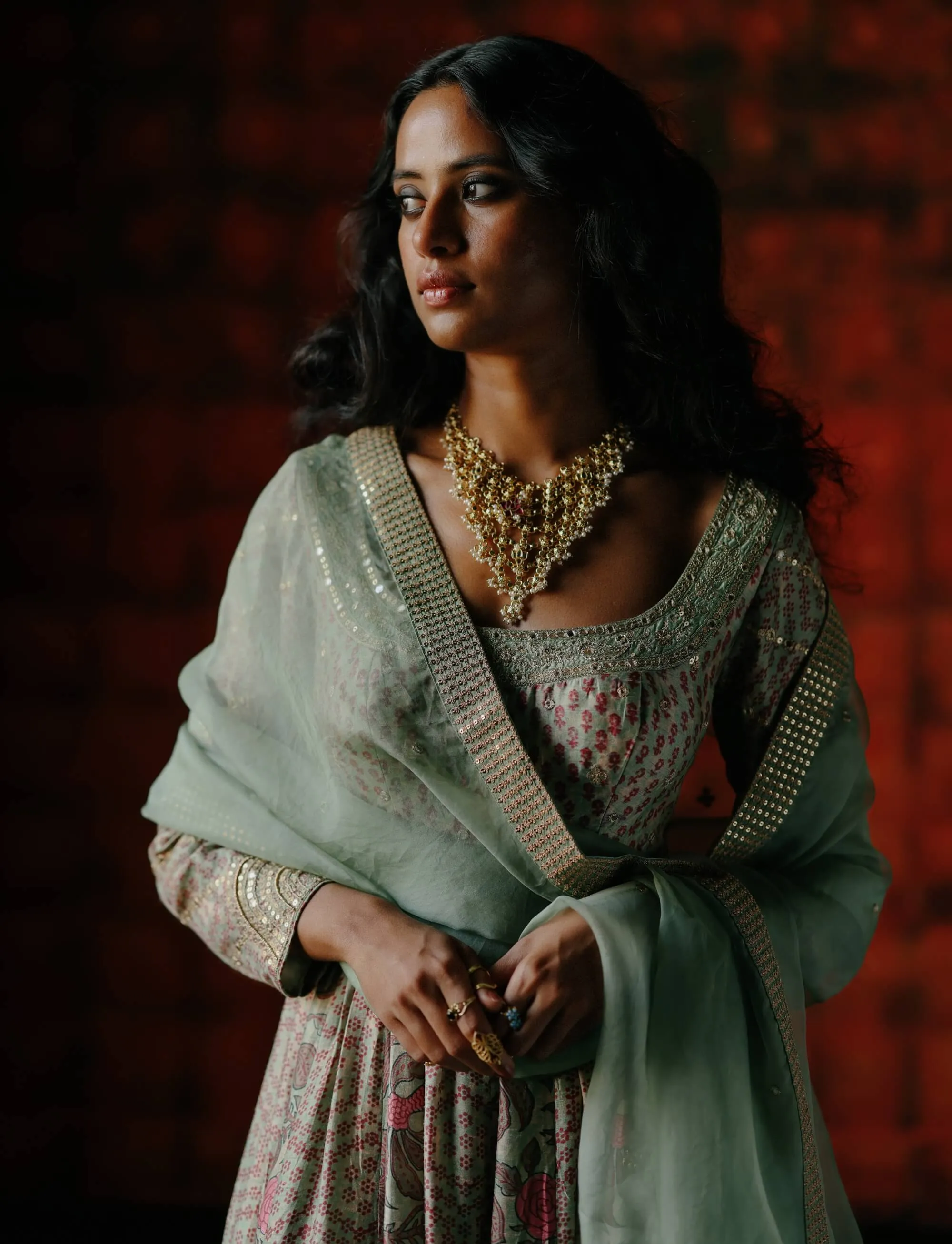Mint mix printed anarkali set