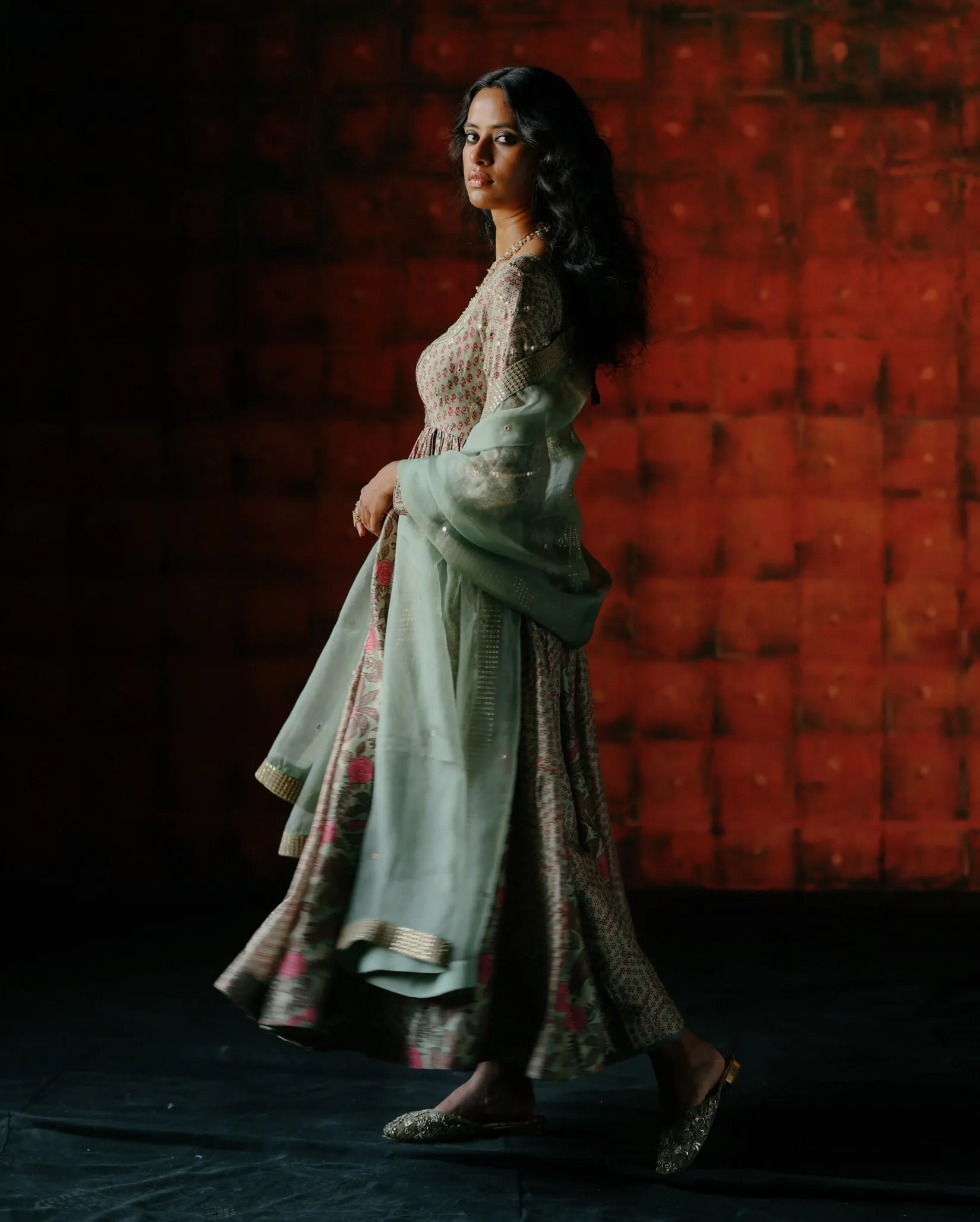 Mint mix printed anarkali set