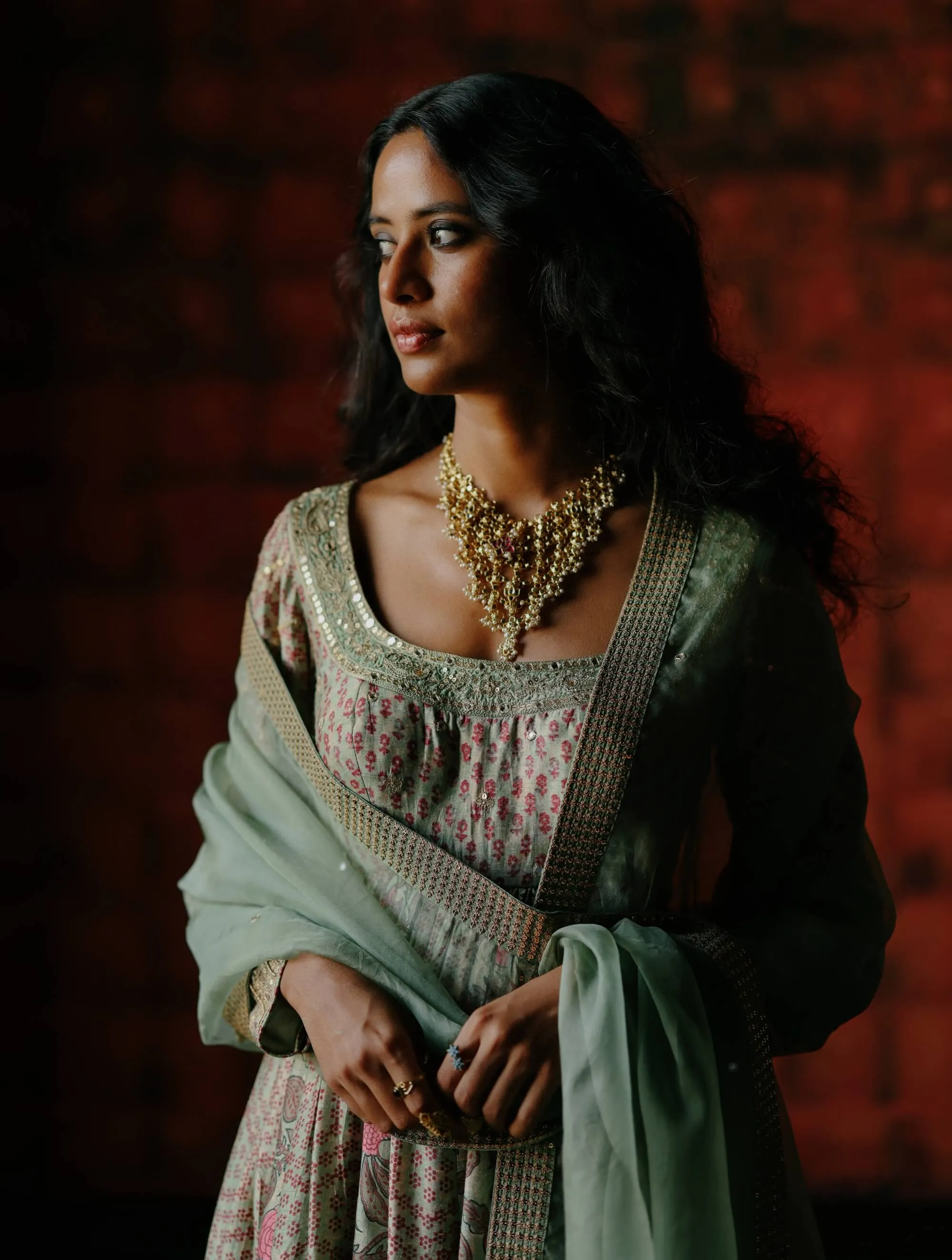Mint mix printed anarkali set