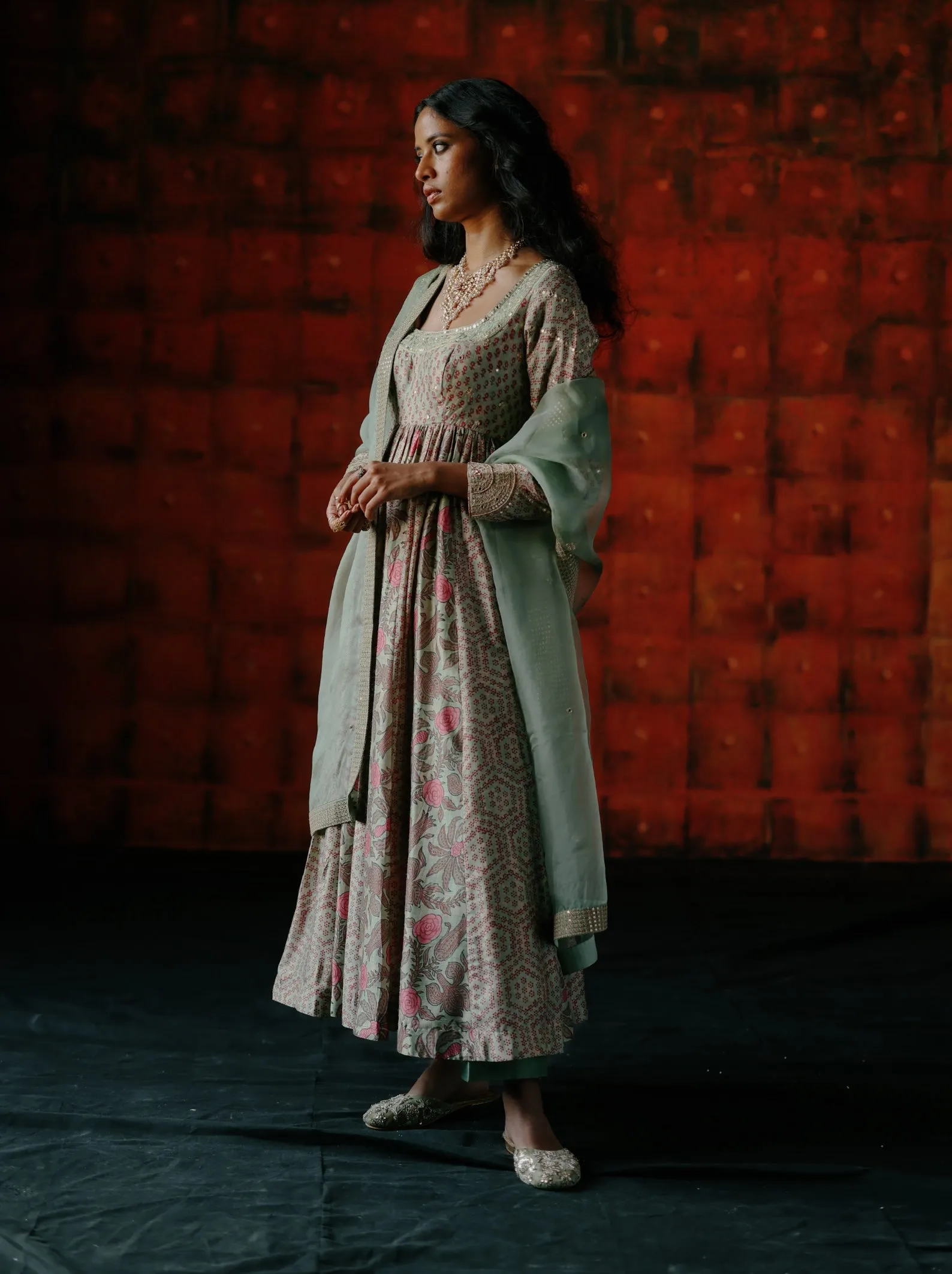 Mint mix printed anarkali set