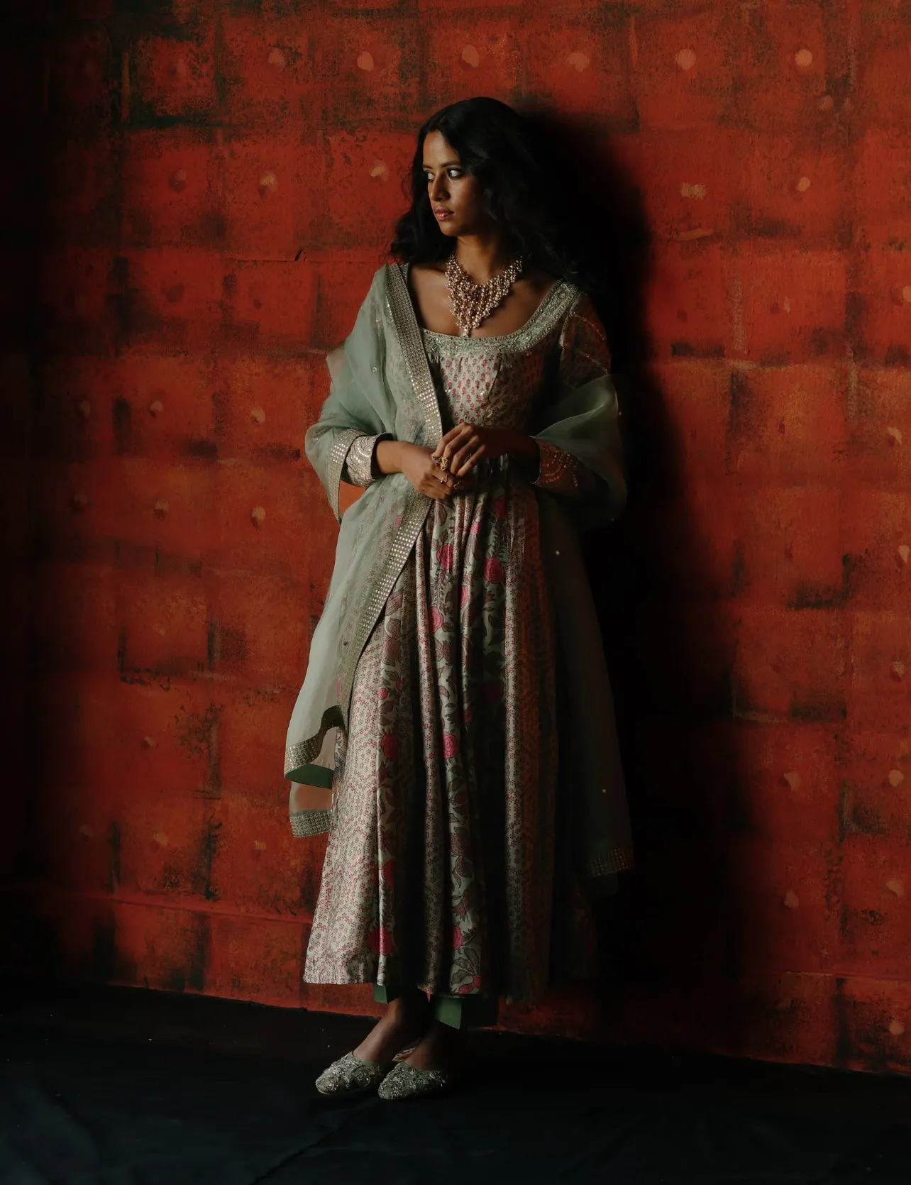 Mint mix printed anarkali set