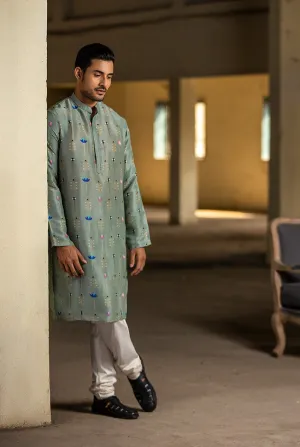 MINT PRINTED SILK KURTA WITH OFF WHITE COTTON SILK CHURIDAR
