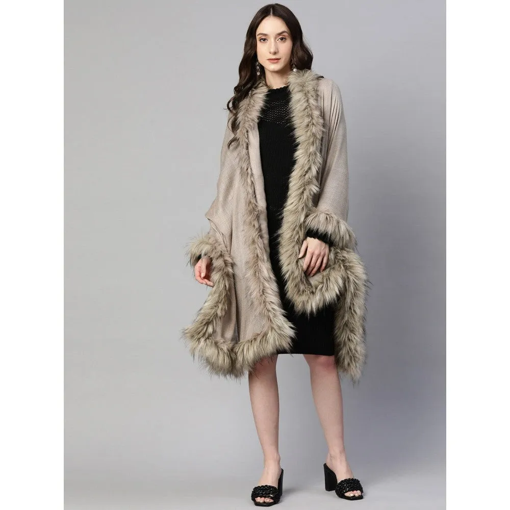 Modarta By Kamakshi Beige Wool Shawl with Fur