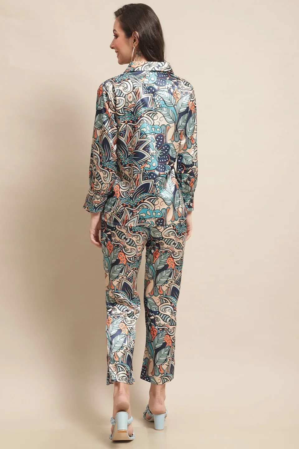Multi-Color Abstract Printed Silk Satin Co-Ord Set for Women | S-XL | Claura