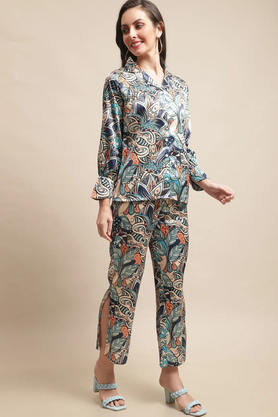 Multi-Color Abstract Printed Silk Satin Co-Ord Set for Women | S-XL | Claura