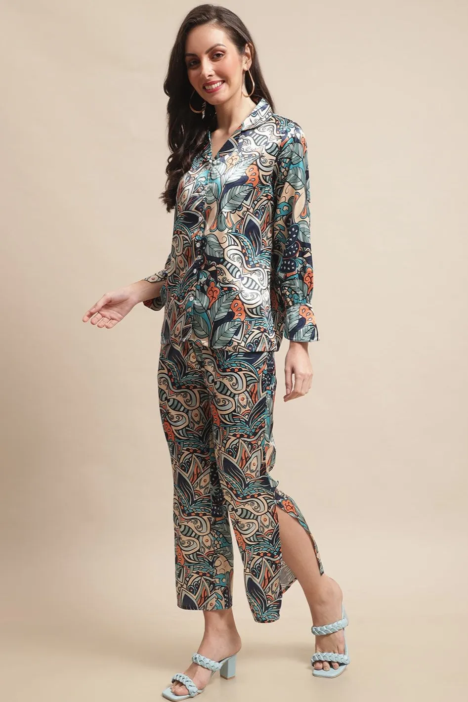 Multi-Color Abstract Printed Silk Satin Co-Ord Set for Women | S-XL | Claura
