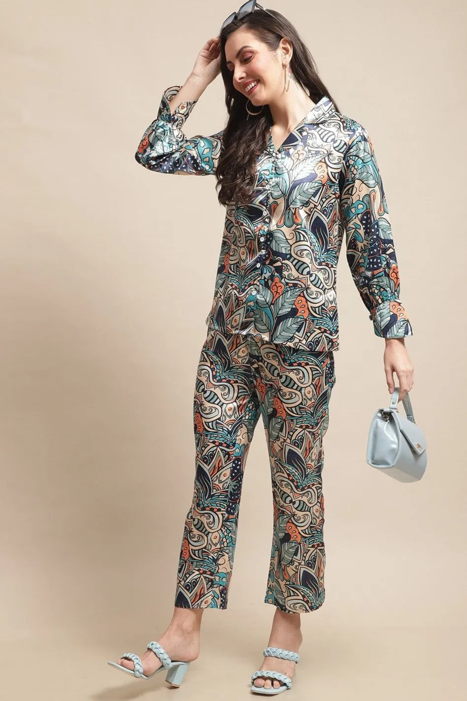 Multi-Color Abstract Printed Silk Satin Co-Ord Set for Women | S-XL | Claura