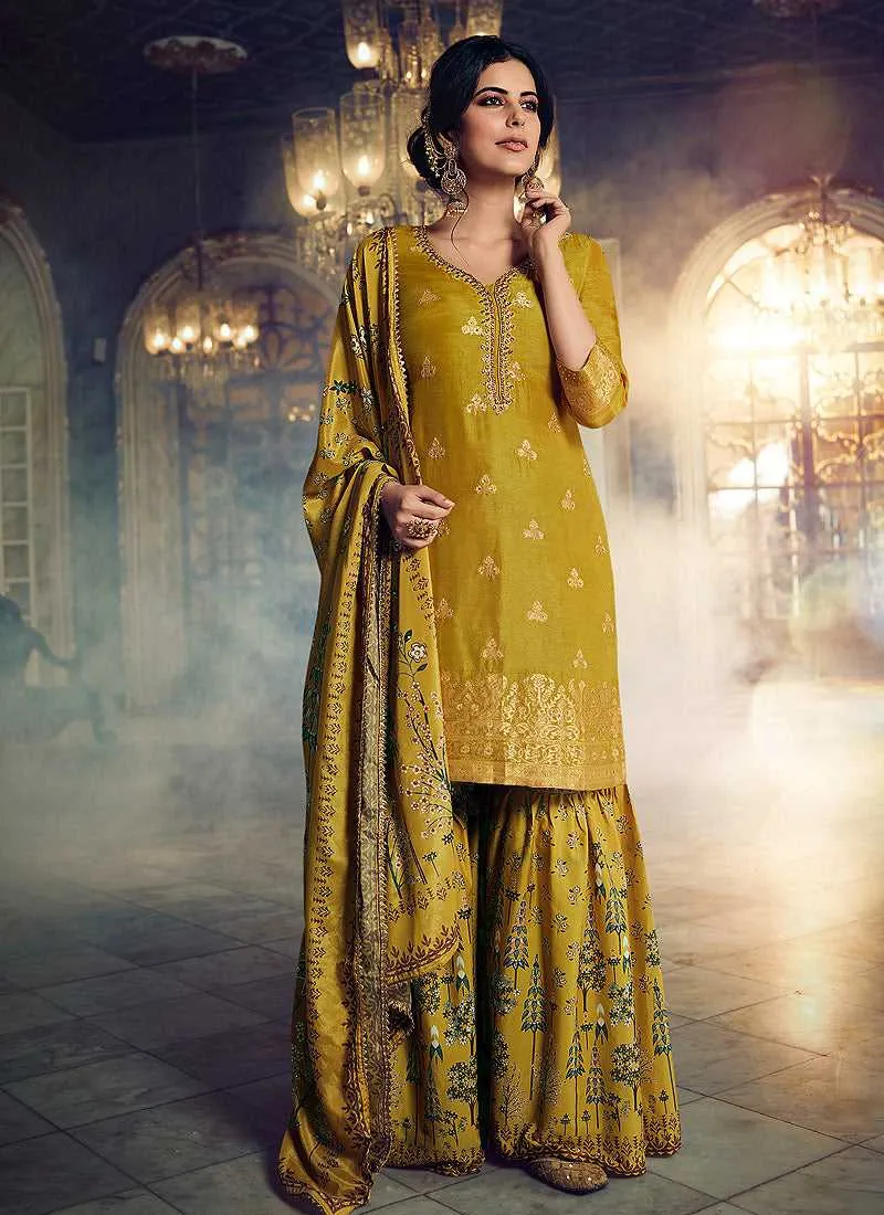 Mustard Silk Work Printed Gharara Style Suit