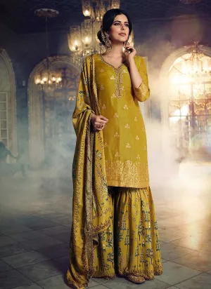 Mustard Silk Work Printed Gharara Style Suit