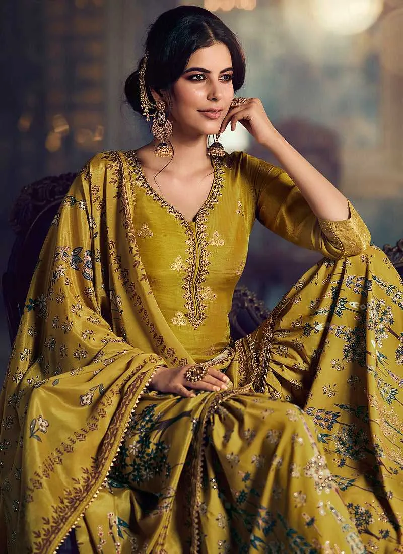 Mustard Silk Work Printed Gharara Style Suit