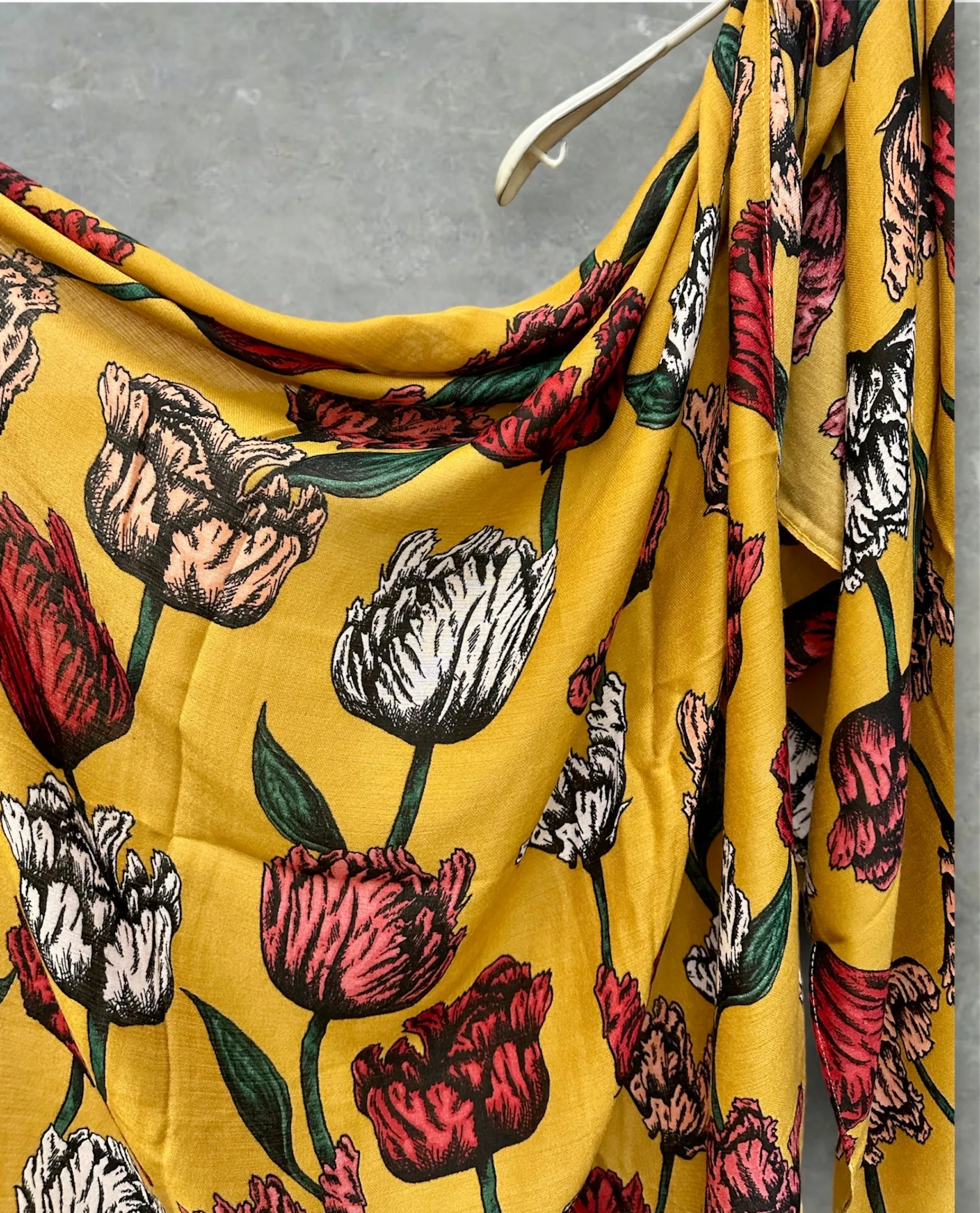 Mustard Yellow Scarf with Eco-Friendly Sketched Parrot Tulips Flower Design – A Sustainable Gift for Mom and Her, Ideal for Birthday and Christmas Celebrations