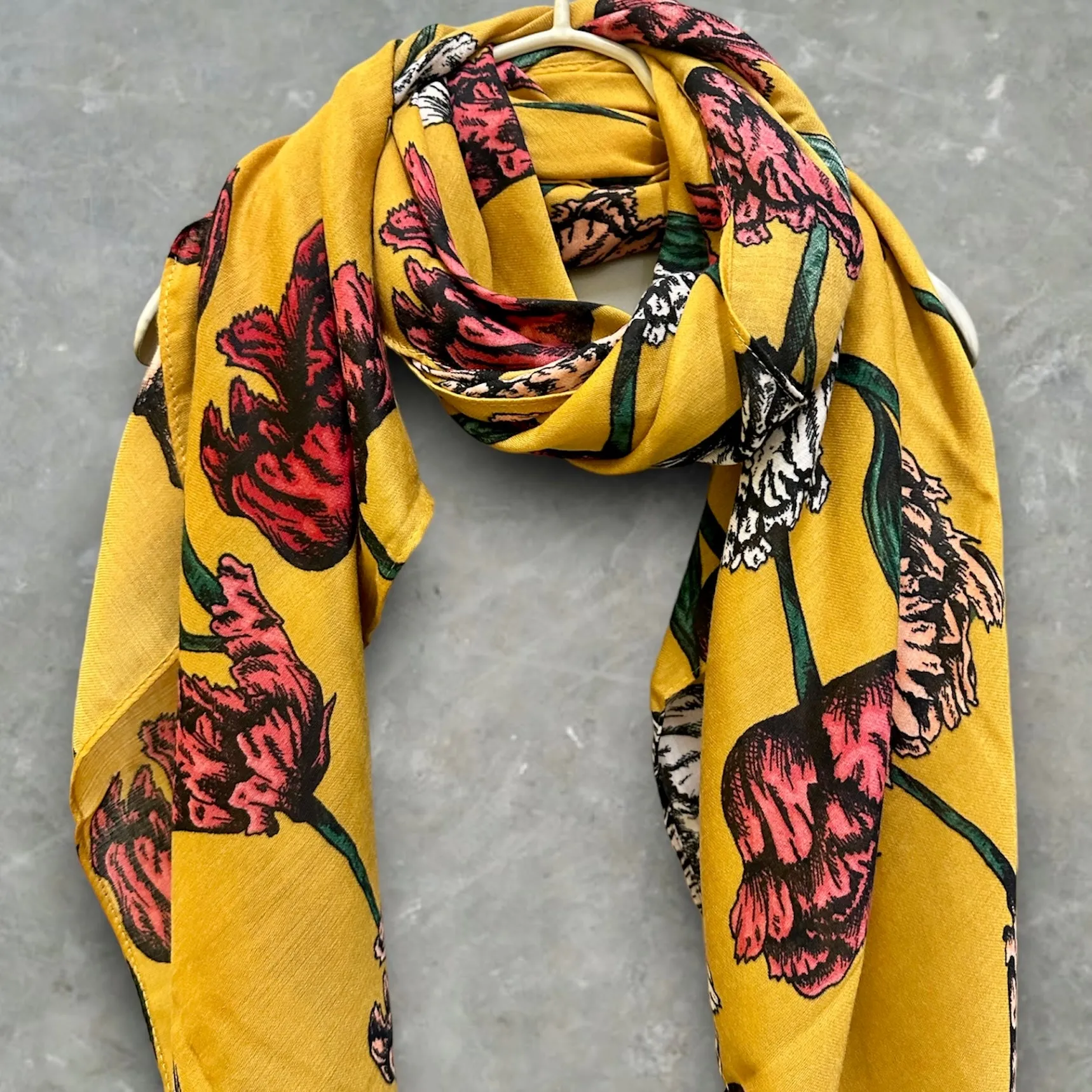 Mustard Yellow Scarf with Eco-Friendly Sketched Parrot Tulips Flower Design – A Sustainable Gift for Mom and Her, Ideal for Birthday and Christmas Celebrations