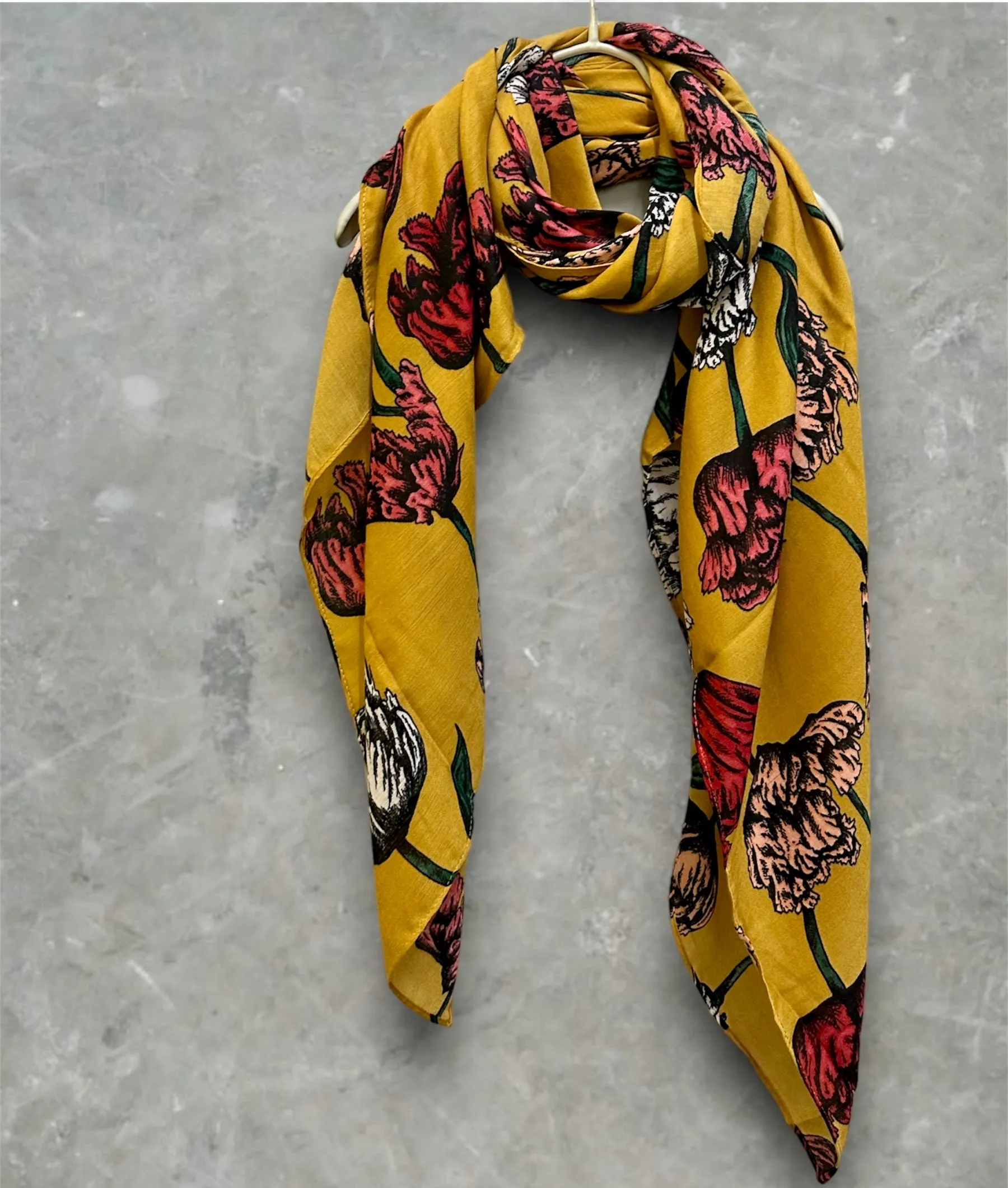 Mustard Yellow Scarf with Eco-Friendly Sketched Parrot Tulips Flower Design – A Sustainable Gift for Mom and Her, Ideal for Birthday and Christmas Celebrations