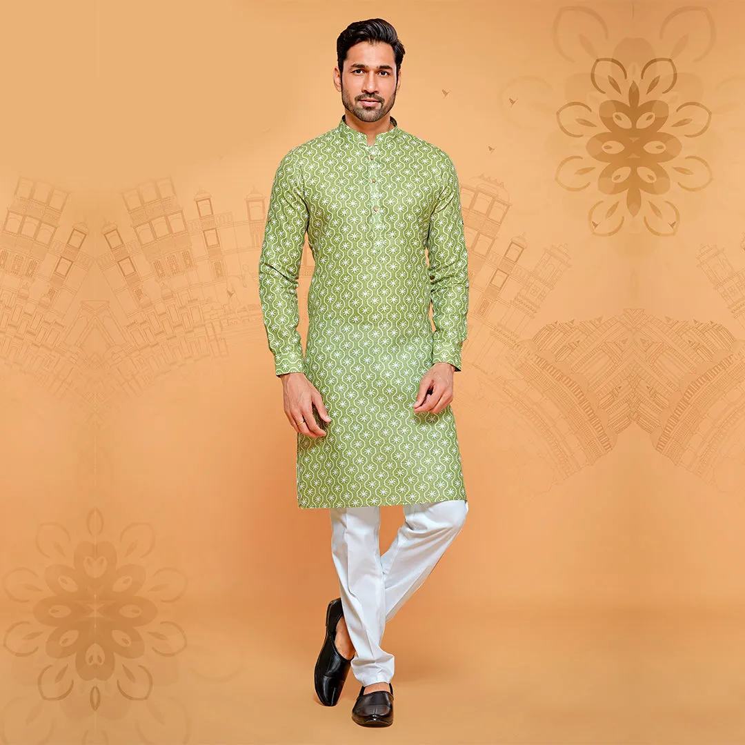 Nature Green Printed Cotton Kurta